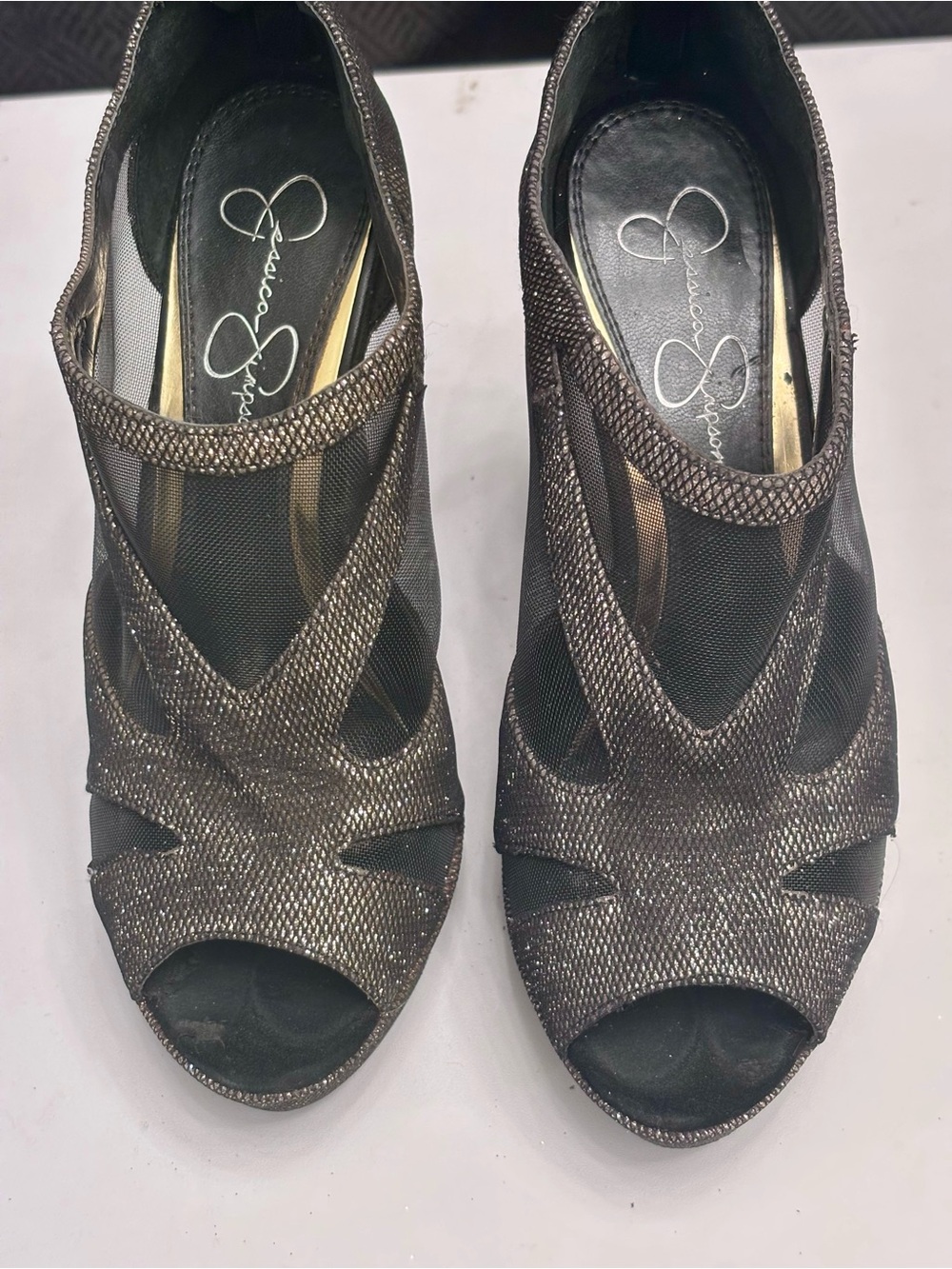 Jessica Simpson Metallic Bronze Mesh Peep-Toe Heels with Crisscross Detail